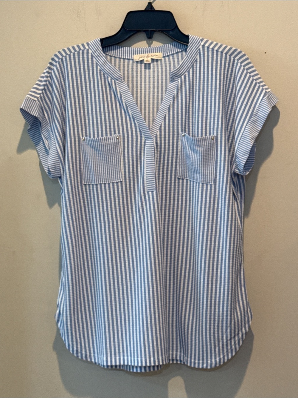 Women's Blue & White Striped V-Neck Pocket Blouse